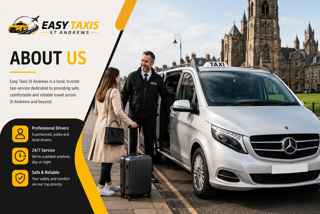 About Us Friendly driver helping a passenger beside your Mercedes taxi in St Andrews