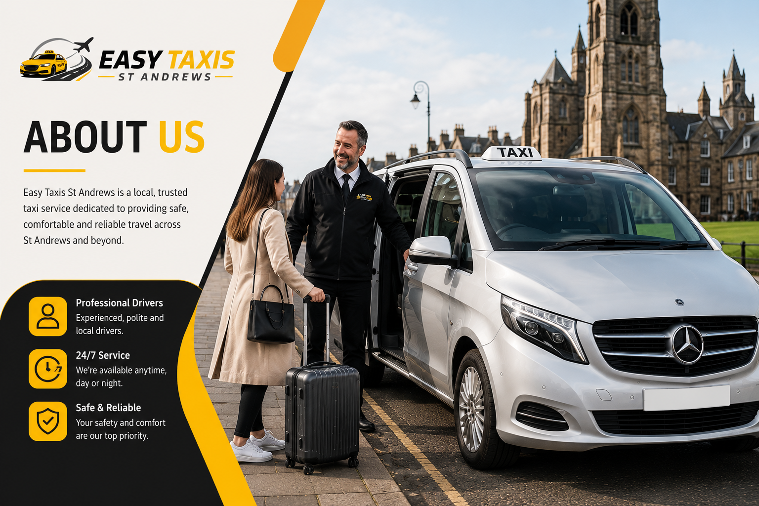 About Us Friendly driver helping a passenger beside your Mercedes taxi in St Andrews